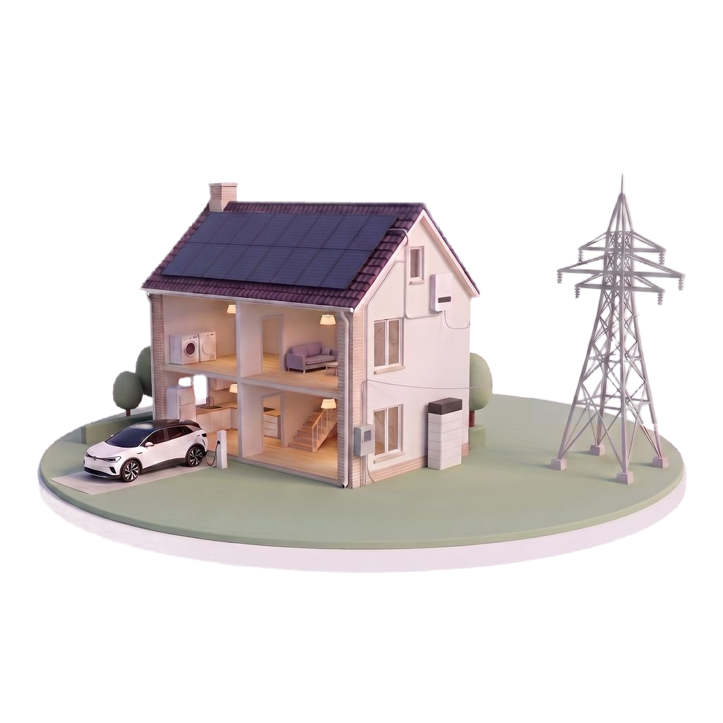 Huis met zonnepanelen, thuisbatterij, laadpaal en elektriciteitsmast